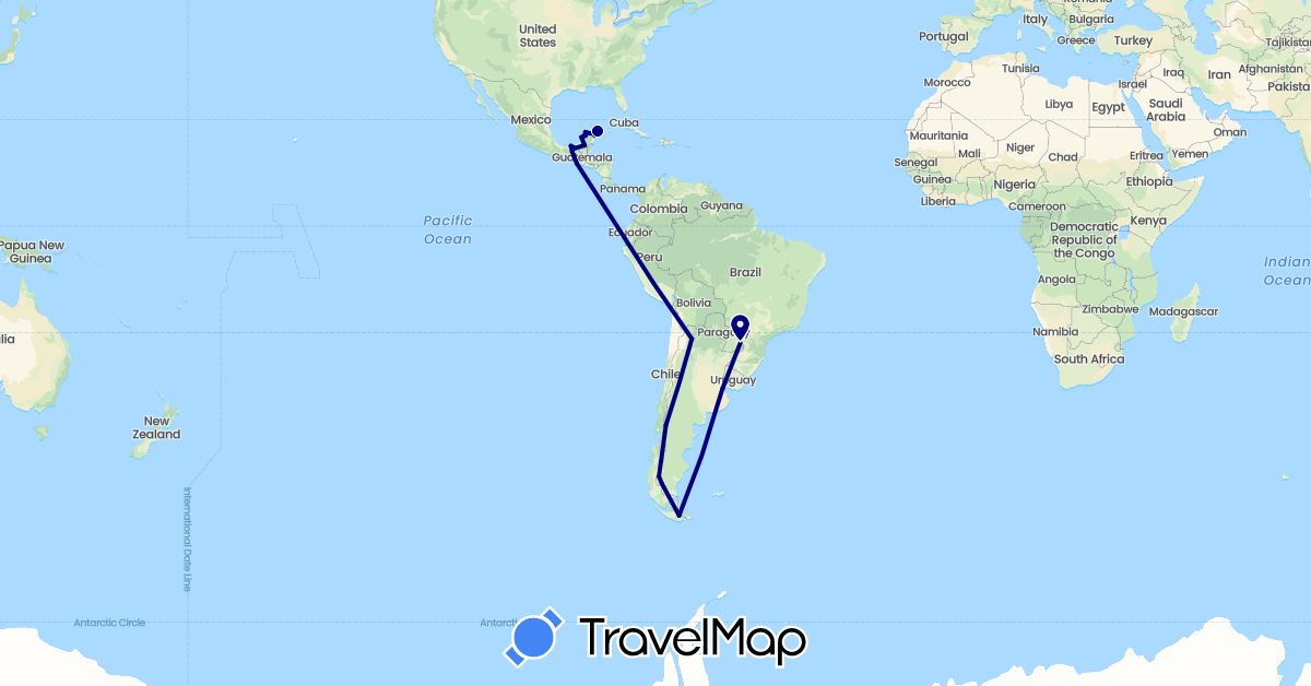 TravelMap itinerary: driving in Argentina, Brazil, Guatemala, Mexico (North America, South America)